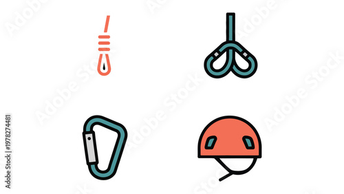 Climbing Equipment Icons: A set of vector icons representing essential climbing gear, designed with a clean and modern aesthetic. These icons depict key elements for rock climbing.