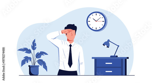 Exhausted businessman wiping sweat from his forehead while working late at night in a dark blue office with a clock.