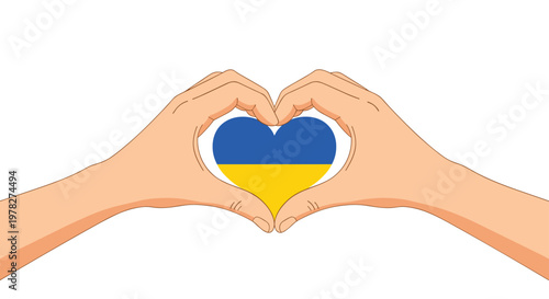 Human hands forming a heart shape around a heart-shaped blue and yellow Ukrainian flag symbol for peace and support.