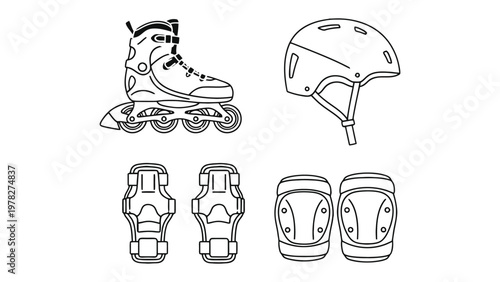 Inline Skating Gear Essentials: An illustration showcasing the fundamental elements of inline skating. Includes skates, a helmet, and protective gear.