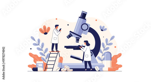 Scientists conducting research with a giant microscope and various medical supplies, symbolizing innovation in laboratory science and medicine.