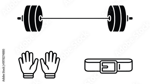 Weightlifting Gear Illustration: A collection of essential weightlifting equipment, including a barbell with weight plates, gloves, and a weightlifting belt, presented as a clean graphic illustration.