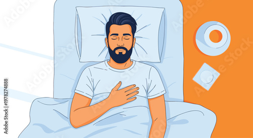 Man sleeping peacefully in bed with his eyes closed and hands on his chest, enjoying deep rest and comfort in a bright and airy bedroom.