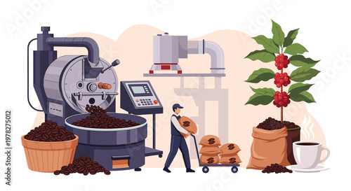 Coffee production facility with a worker moving bags of beans, a roasting machine, a coffee plant, and a fresh cup of coffee in a workshop.