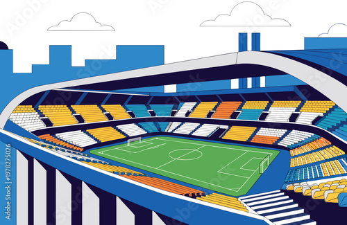 A brightly colored illustrated stadium with a green field and tiered seating is shown