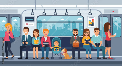 Diverse group of people commuting on a modern subway train, with some reading books and a child in a stroller, showing urban public life.