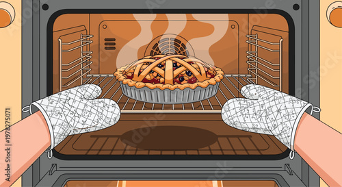 Person wearing oven mitts taking a freshly baked cherry pie out of the oven, filled with fruit and a perfect golden lattice crust.