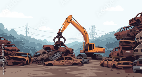 Heavy excavator with a claw attachment working in a car scrapyard filled with piles of rusted old vehicles under a sky for metal recycling.