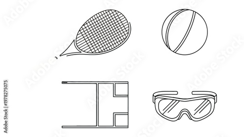 Sport Equipment Set: This image features four essential items, Tennis racket, a ball, sport goggles and some kind of frame, perfectly illustrating the tools of play and safety.