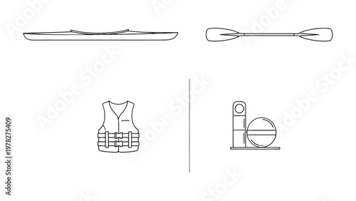 Kayaking Essentials Illustration: A detailed outline of essential kayaking gear, artfully illustrated with precision and clarity. Emphasizing the tools for a safe and enjoyable journey on the water.