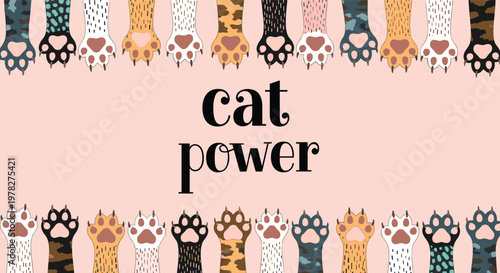Playful illustration displays rows of colorful cat paws at the top and bottom with the words cat power written in the center on pink.