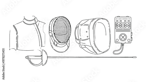 Fencing Gear Line Art: A detailed illustration of essential fencing equipment, showcasing the components of a fencer's kit.