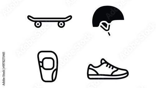 Skateboard Equipment Icons: A graphic collection of essential skateboarding gear, including a skateboard, helmet, knee pad, and shoe.