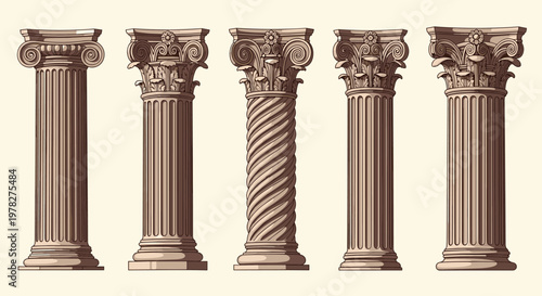 Set of five classical architectural columns features intricate designs such as ionic and corinthian styles with fluted shafts and ornate tops.