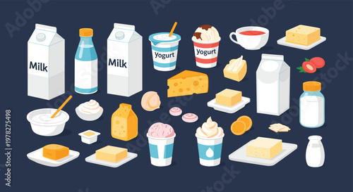 Diverse collection of dairy products features cartons of milk, containers of yogurt, pieces of cheese, and scoops of ice cream on dark.
