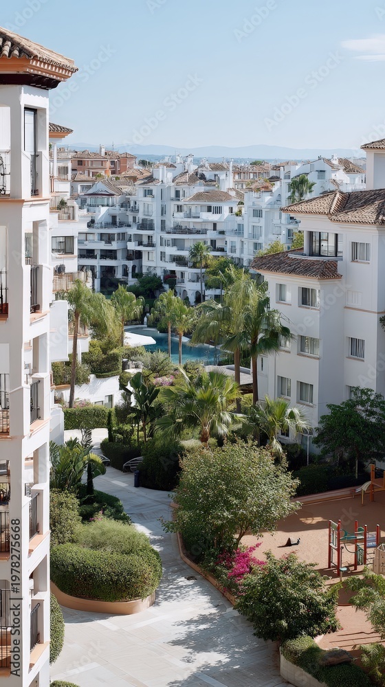 Fototapeta premium People admire the unique white buildings on the hillside, surrounded by greenery and mountains under a clear sky
