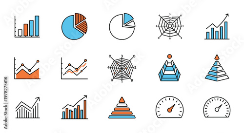 Set of business data visualization icons features colorful bar charts, pie graphs, radar charts, and gauges for professional presentations.