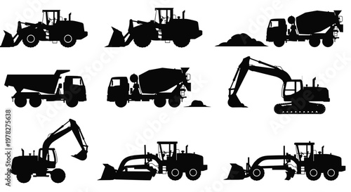 Collection of black silhouettes of heavy construction machinery including excavators, dump trucks, cement mixers, and bulldozers on white.