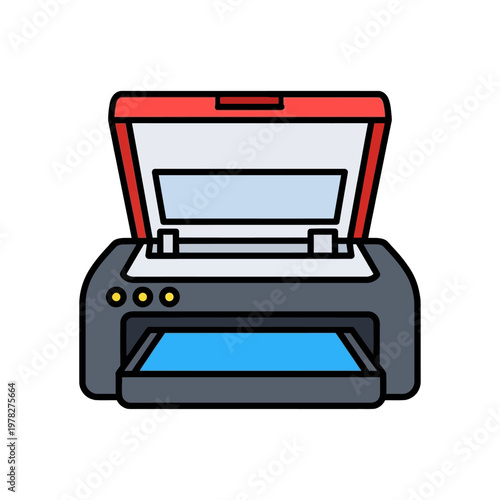 A colorful flat illustration of a printer with its lid open, ready for use, showcasing its scanner and paper tray, perfect for office or technology themes