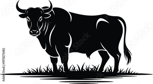 Strong standing bull silhouette in a grass field illustration representing nature farm life and strength with silhouette