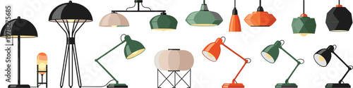 Modern Interior Lighting Vector Set Featuring Various Floor Lamps Desk Lamps And Pendant Ceiling Lights For Home Decor Office Design And Real Estate Graphic Designs In Flat Style
