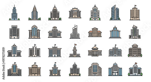 Comprehensive collection of building icons shows various architectural structures from modern skyscrapers to traditional houses in a grid.