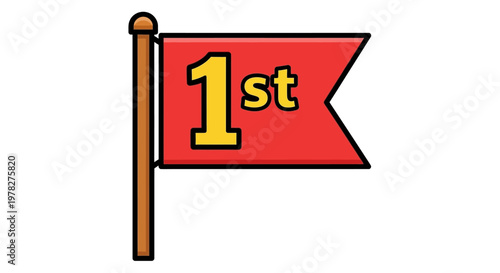 Vector illustration of a red flag with the number 1 and st in yellow, symbolizing the first place winner