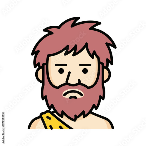 Illustrative portrait of a bearded man with reddish-brown hair, wearing a primitive tribal garment, conveying a rugged and ancient aesthetic