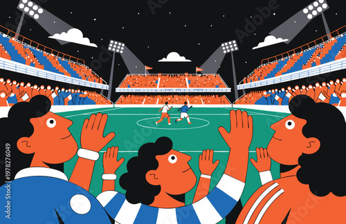 A vibrant illustration depicts a soccer match in a packed stadium with enthusiastic fans