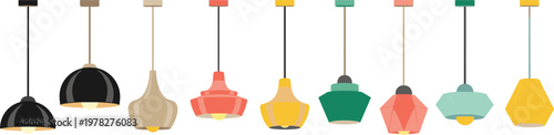 Modern Hanging Pendant Lamp Collection Vector Set Featuring Colorful Ceiling Light Fixtures In Various Minimalist Shapes For Interior Design Home Decor And Lighting Graphic Designs