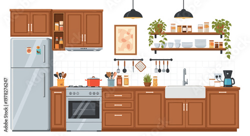 Modern kitchen interior design shows a neat arrangement of wooden cabinets, a stove, a refrigerator, and shelves with plants and dishes.