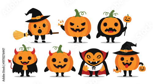 Set of cute halloween pumpkin characters features various costumes like a witch, a vampire, and a devil for spooky and fun celebrations.