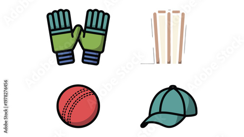 Cricket Essentials: A vibrant, graphic illustration showcasing the essential equipment needed for cricket, representing a blend of sport and design.