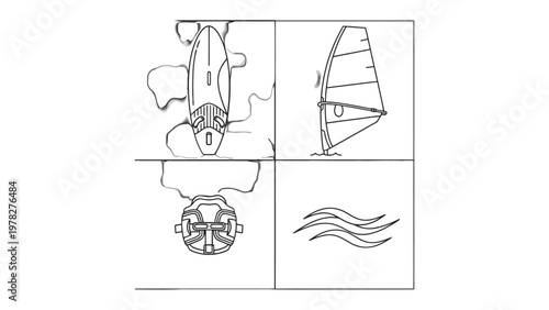 Windsurfing Elements: Artistic illustration showcases the dynamic components of windsurfing, with focus on the board, sail, and the ocean's gentle waves.