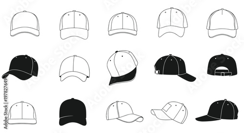 Set of baseball cap sketches shows the headwear from multiple angles and in different colors including white and black for product mockups.