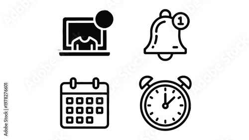 Digital Notification Icons: A collection of modern and sleek digital icons representing common notifications such as new messages, alerts, event reminders, and time management tools.