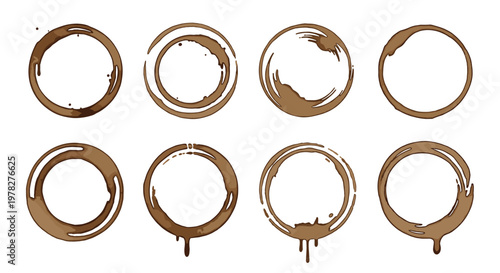 Set of brown coffee ring stains depicts the marks left by wet cups and mugs on a surface in various shapes with drips and splatters.