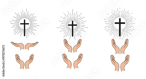 Spiritual illustration features three crosses with radiating light rays above pairs of open hands in a gesture of prayer or worship on white.