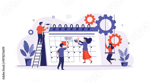 Business planning and scheduling concept shows small people working together on a large calendar with gears and plants for productivity.