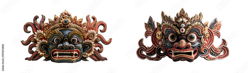 Fototapeta premium Two balinese barong masks with balinese traditional sculpture mythology isolated on transparent background