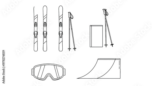 Snow Sports Essentials: A clean, minimalistic illustration showcasing essential snow sport equipment, inviting viewers to explore the thrilling world of winter sports.