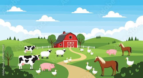 Idyllic farm landscape features a red barn on a hill with various animals like cows, sheep, horses, pigs, and ducks roaming the pastures.