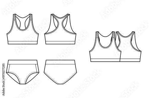 Sport Bikini Set Flat Sketch Bundle, Women Swimwear Technical Drawing, Sports Bra and High Waisted Bikini Bottom Vector Pack