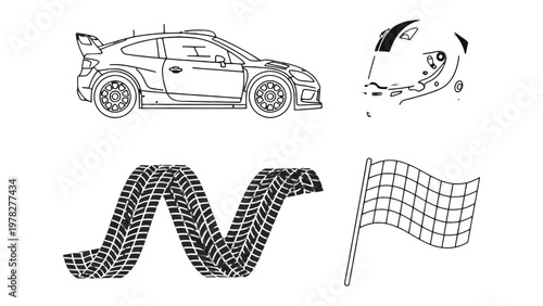 Rally Car and Racing Elements: A dynamic illustration featuring a rally car, helmet, checkered flag, and tire track, perfect for designs related to motorsports and competition.