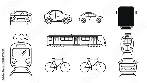 Transportation Icons: A collection of various transportation mode line art illustrations, suitable for informational, education, or design purposes. 
