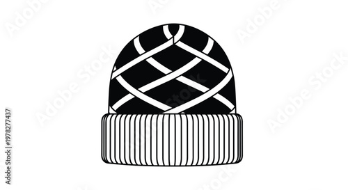 Black knitted beanie with a white crisscross diamond pattern and a thick ribbed cuff on a solid white background.