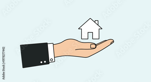 Hand of a professional in a business suit holding up a simple house icon against a clean, light blue background.