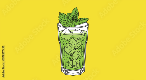 Refreshing green mojito cocktail in a glass filled with ice cubes and garnished with fresh mint leaves over bright yellow background.
