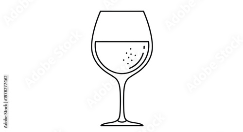 Minimalist black and white line art illustration of a glass partially filled with sparkling liquid or wine for menu design.