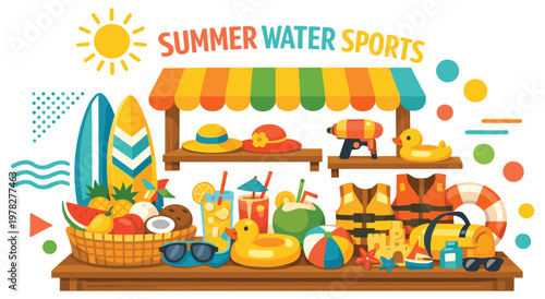 Vibrant summer water sports shop illustration displays diverse items like surfboards, hats, drinks, life jackets, and sandcastle toys for beach fun.